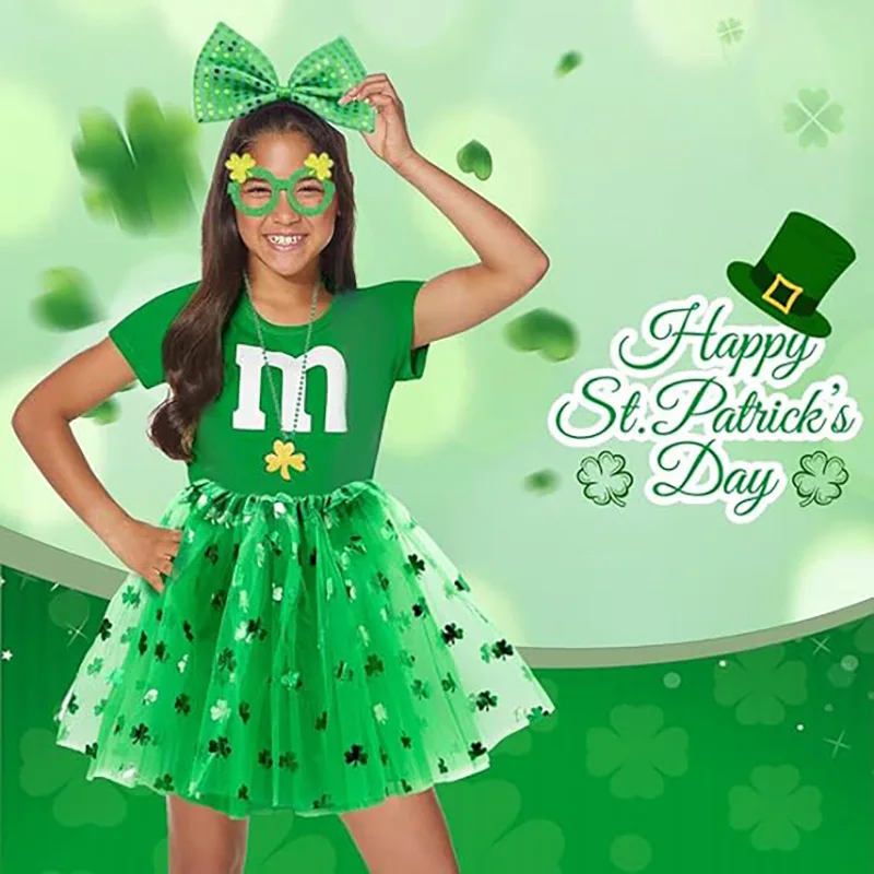 New Irish Shamrock Tulle Skirt St. Patrick Adult Green Headband Necklace Tattoo Sticker Set