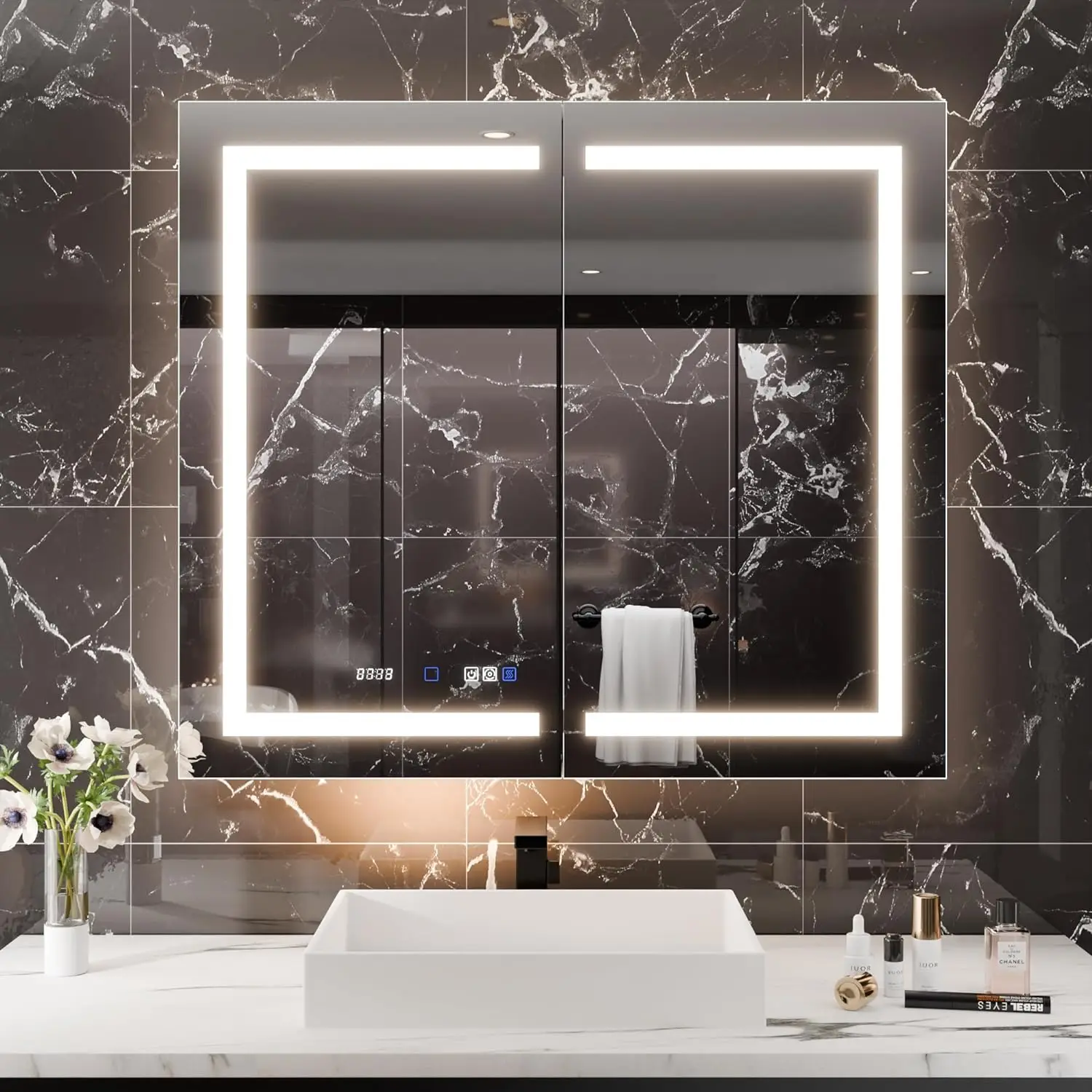 Clock Temp Display Front Backlit led Medicine Cabinet 42 x 36 Lighted Medicine Cabinet Mirror for Bathroom Storage