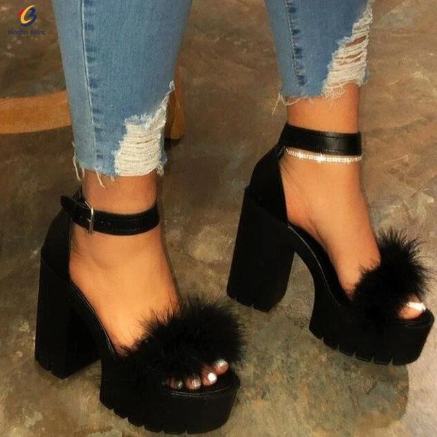 The newest style plus size 43 women luxury high heel slipper faux fur sandals women party shoe