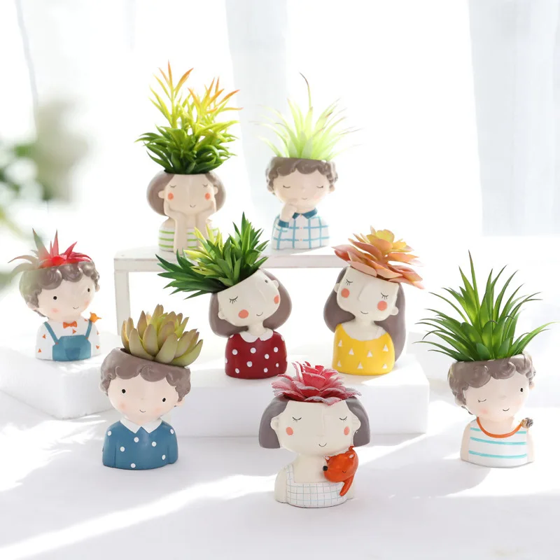 P354 Succulent Craft Garden Couples Plants Pots Mini Cactus Home Decor Flower Planter Cute Girl Boy Cartoon Portrait Flower Pot