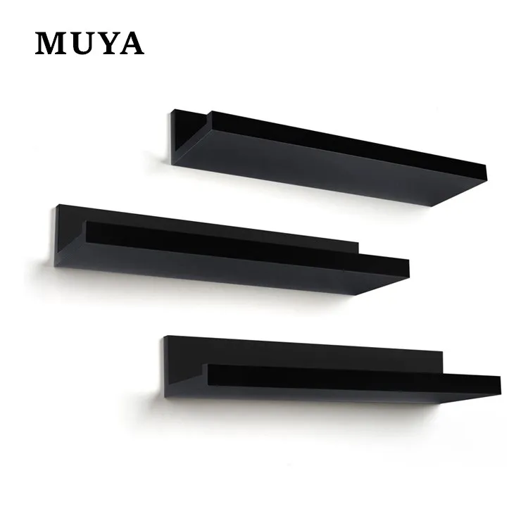 Set of 3 black wall floating shelf wooden shelves for books and photo frame