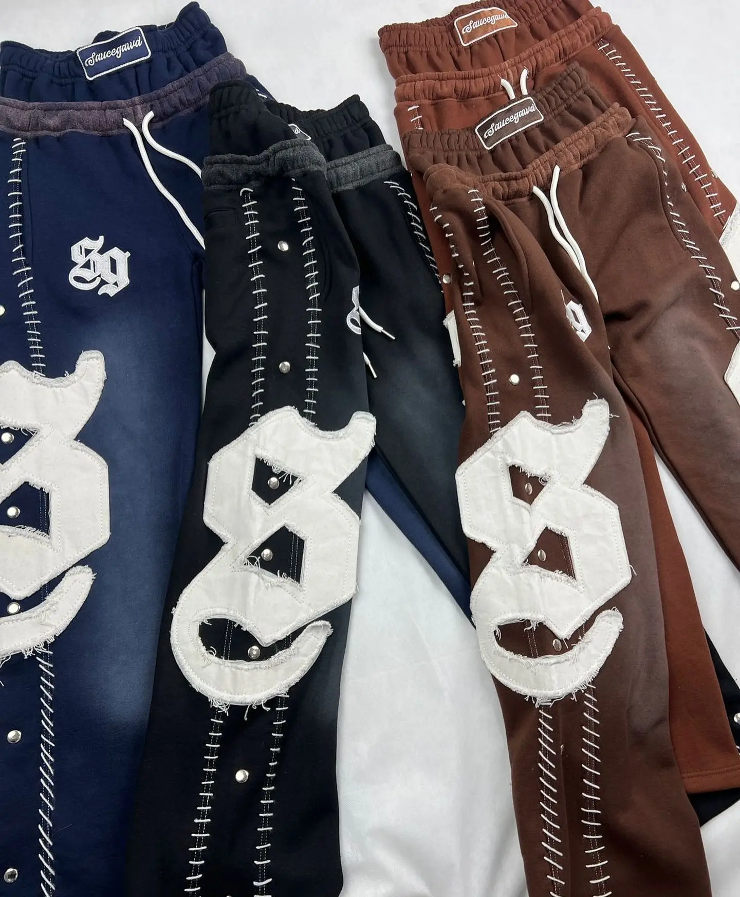 Heavyweight Vintage Flared Sweatpants Streetwear Jogging Distressed Embroidery Acid Wash Zip Up Hoodie And Jogger Set Tracksuit