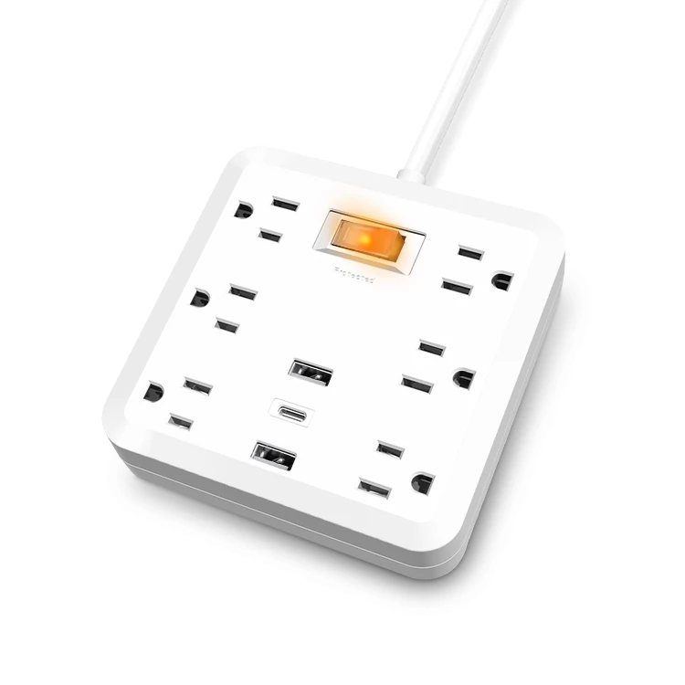 New Trend Many US Standard 6 AC and 2 USB Flat Plug Extension Cord With Type C Fast Charging Switch Surge Protector Power Strip