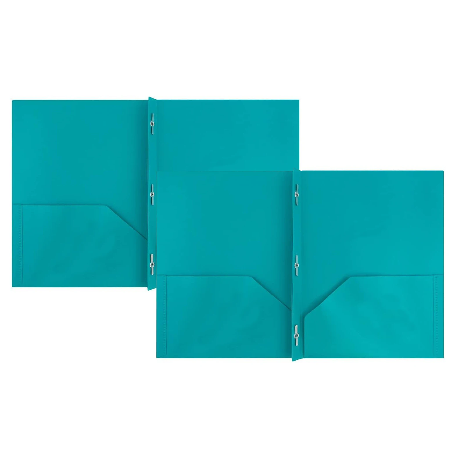 Teal Blue Plastic Color POP Folders - 2 Pocket Durable Folders with Metal Prongs Fastener Clasps