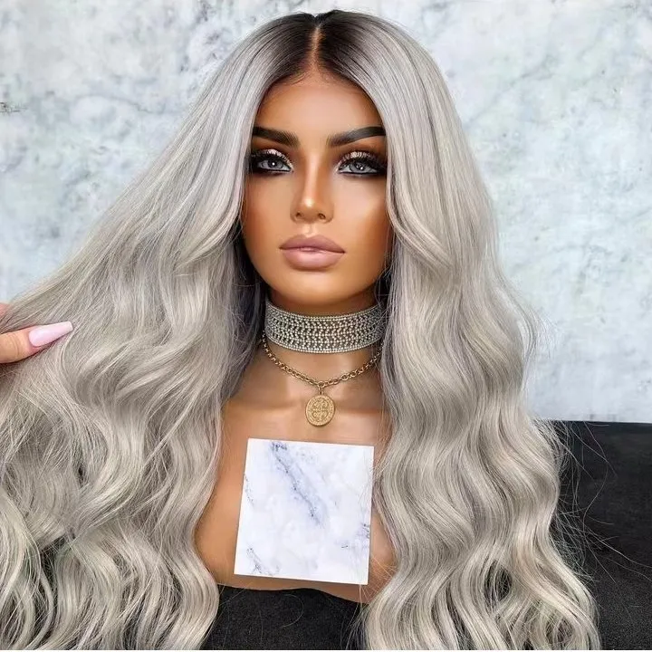 Wig With Dark Root Ombre Gray Blonde Color Loose Wave Invisible Knots Soft European Human Hair Swiss Lace Front Wigs