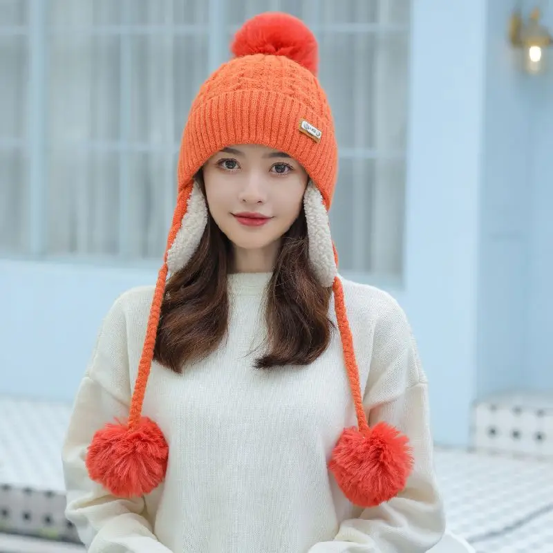 Women Six Color Warm Wool Earflap Hat Winter Outdoors Thicken Beanies Three Fur Pom Pom Knitted Hats With Leather Patch