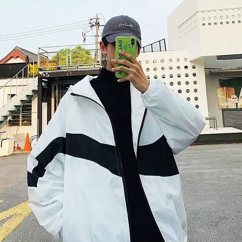 Hooded Windbreaker Jackets Men Long Sleeve Black Zipper Spring Autumn Top Coat Male Pocket Bomber Jackets Women