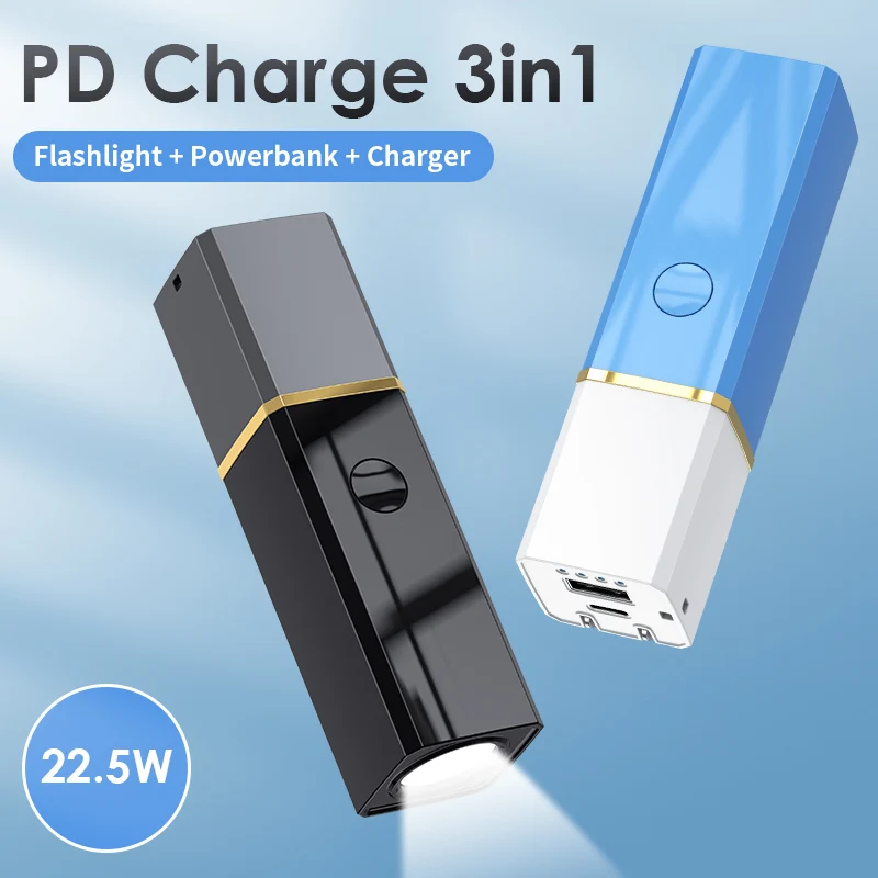 New Multifunctional Flashlight Mini Power Bank Folding Plug Qc3.0 Fast Charging Large Capacity Pd22.5w 5000ma Power Bank Charger