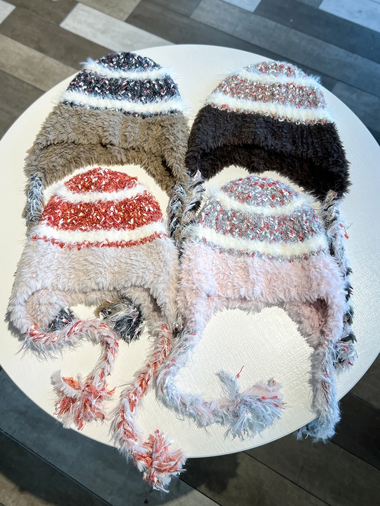 Striped Pattern Knitted Plush Beanie Cap Warm Thickened Women Hat Lady Beanie