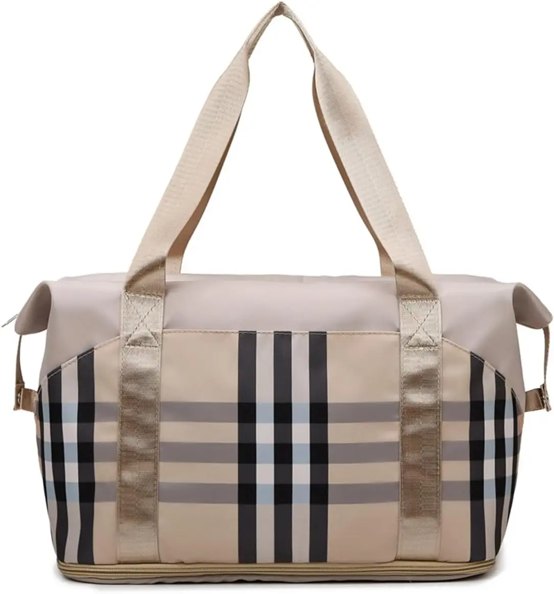 Duffel Dance Bag for Girls Gym Overnight Travel Duffle with Shoe Compartment Wet Pocket D1-Khaki Lattice One Size