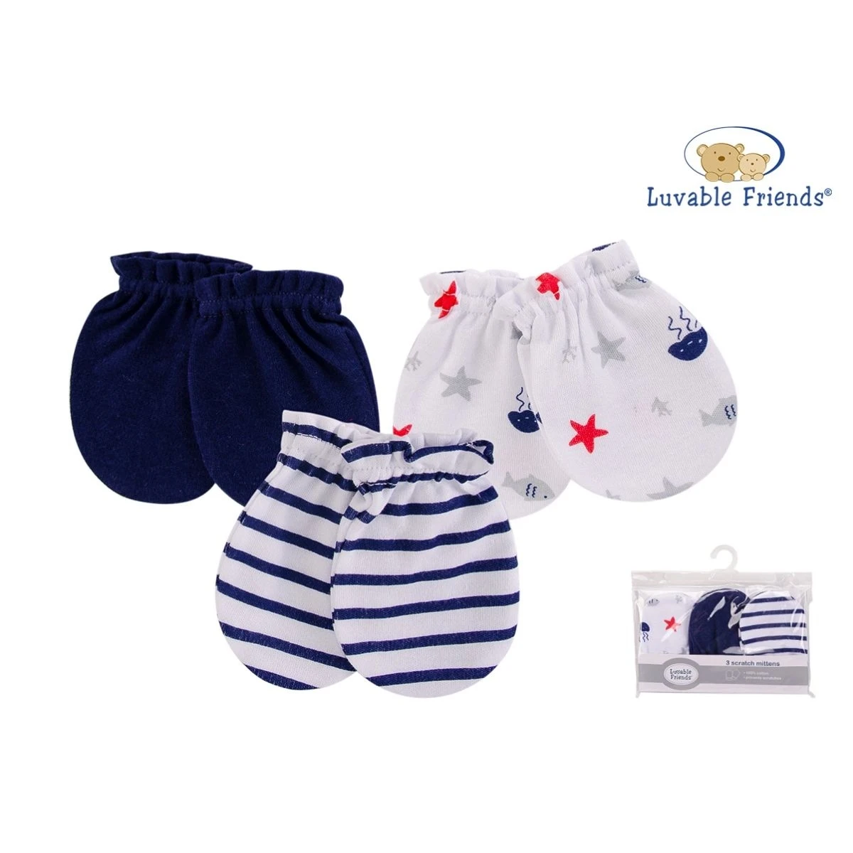 
Luvable Friends Baby Mittens Set 3PK- Baby Boy Scratch Mittens 100% Cotton No.00528CH 