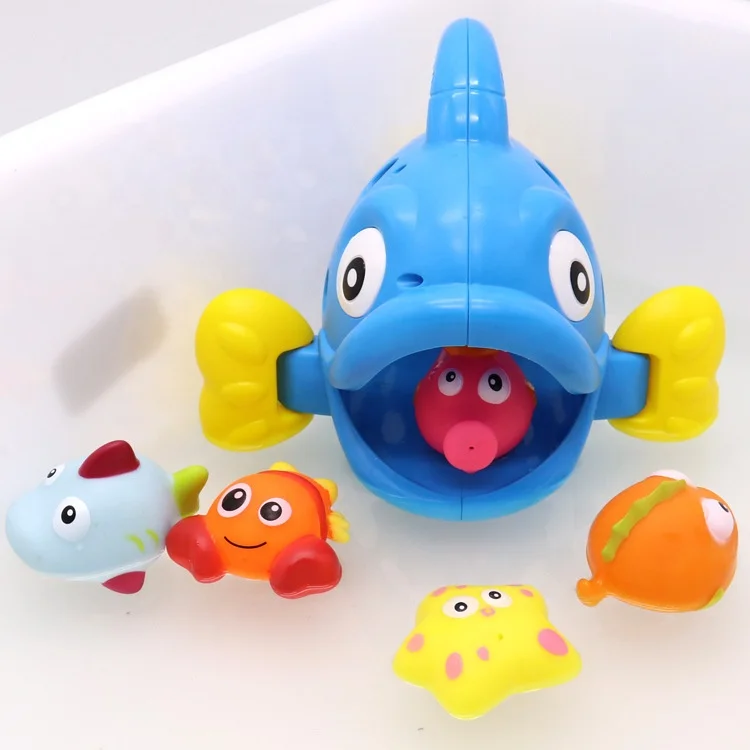 Educational Toy Baby Plastic Soft Rubber Water Spray Fish Organizer Bath Toy Storage