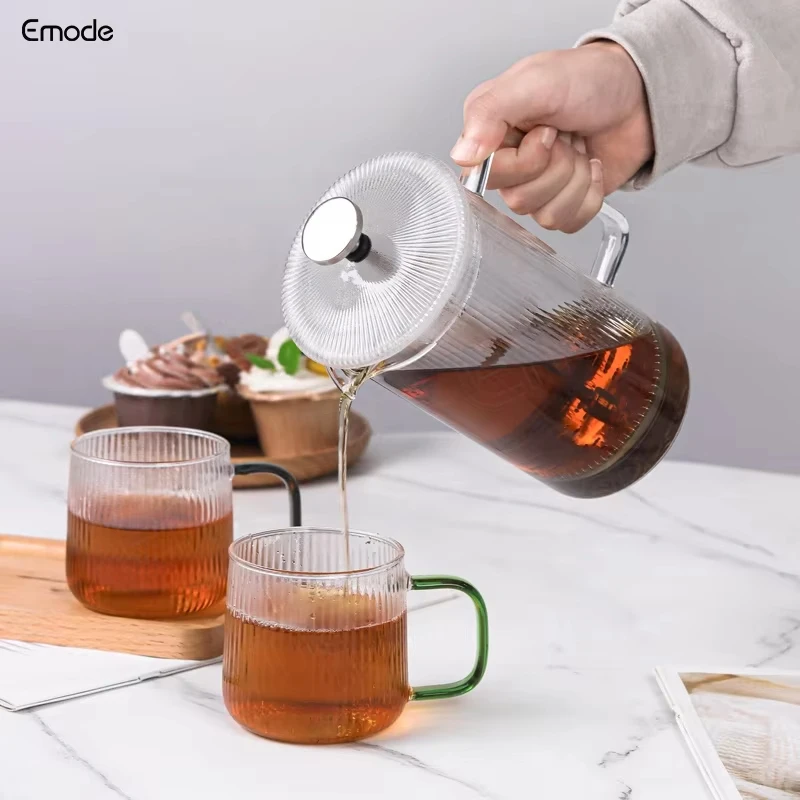 34 Ounce 1 Liter Ribbed Vertical Stripes Heat Resistant Glass Fluted French Press Coffee & Tea Sets Classic Coffee Press
