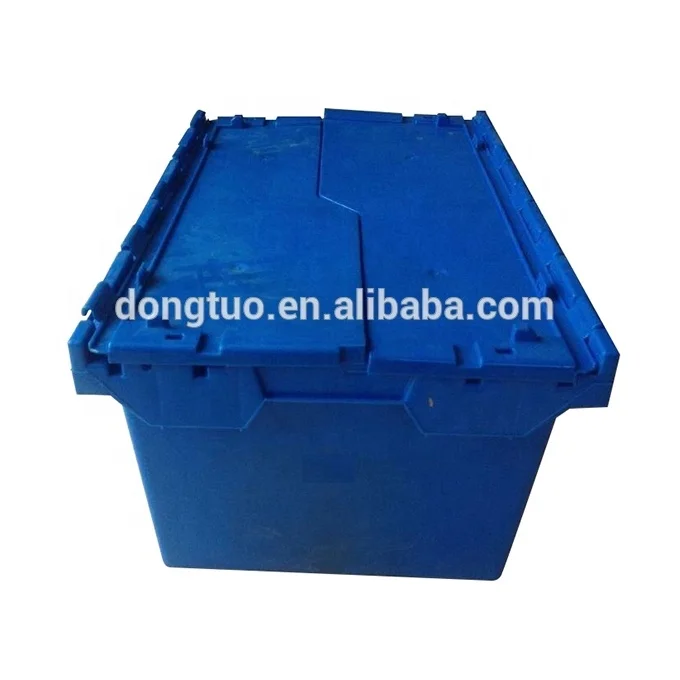 Large Storage Turnover Hinge attached lid Strong nestable stackable plastic Moving Tote Box for Supermarket