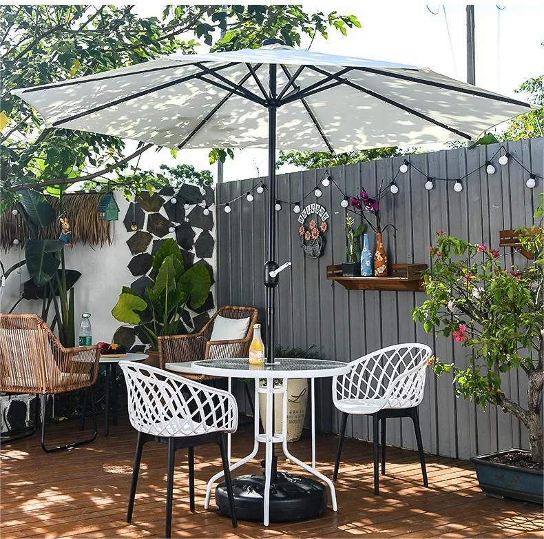 Nordic outdoor modern center hole square table with 4 stackable plastic chairs dining set with umbrella