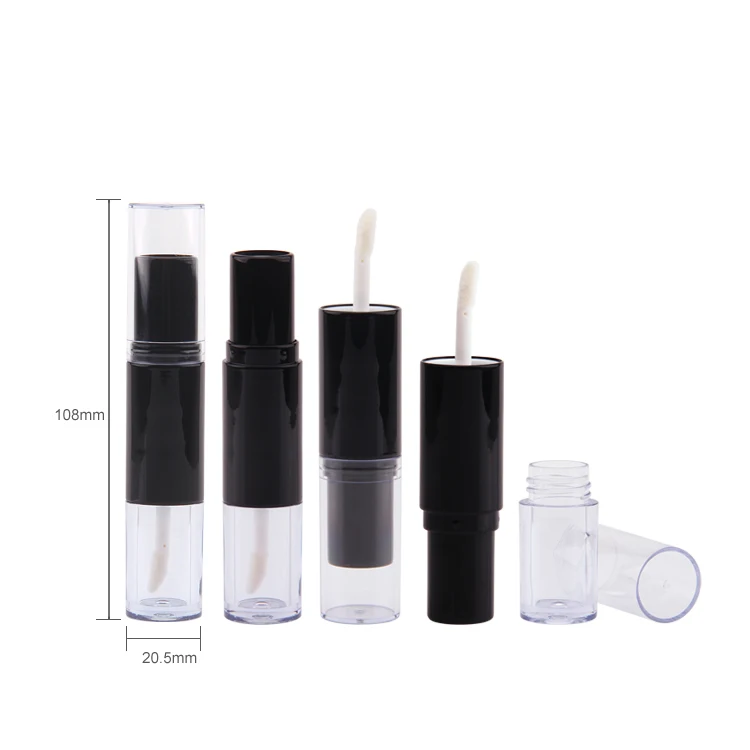 Custom logo cosmetic packaging black clear double lip gloss container,clear wand lip gloss tube,double ended lip gloss tube