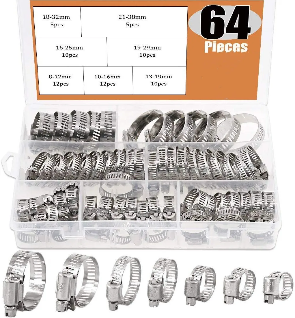 64Pcs Adjustable 8 to 38mm Diameter Clips Worm Gear Hose Clamp Assortment Kit for Various Pipes Automotive Mechanical Use