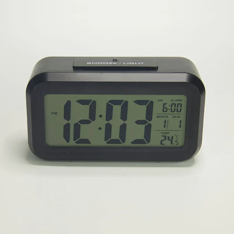 EMAF Dropshipping smart optical backlight control digital alarm clock lcd snooze table alarm clock with calendar temperature