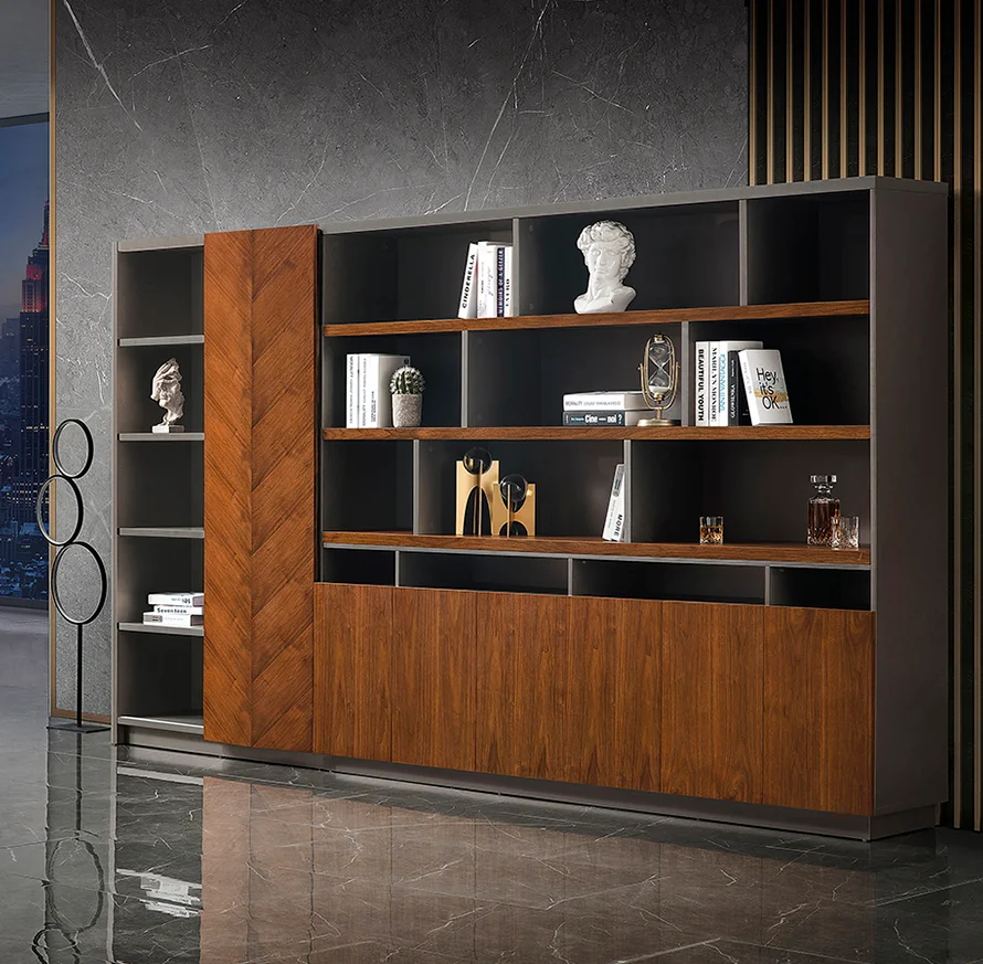 Guangdong High-end home office room bookcase with sliding door modern wooden filing storage cabinet