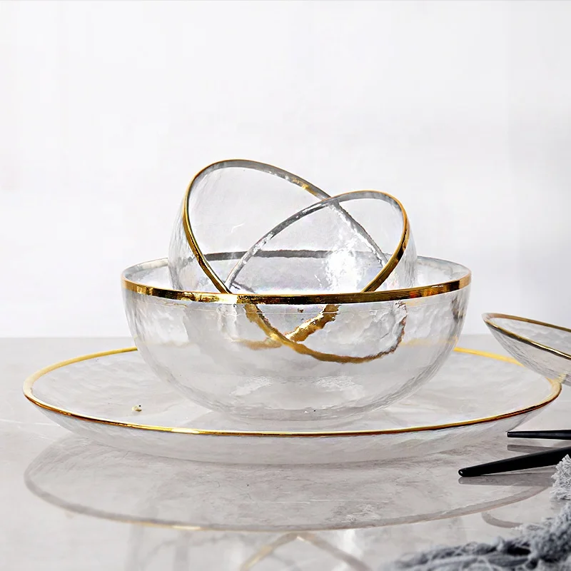Eco Friendly Luxury Dish Set Glass Dinner Tableware with Gold Rim