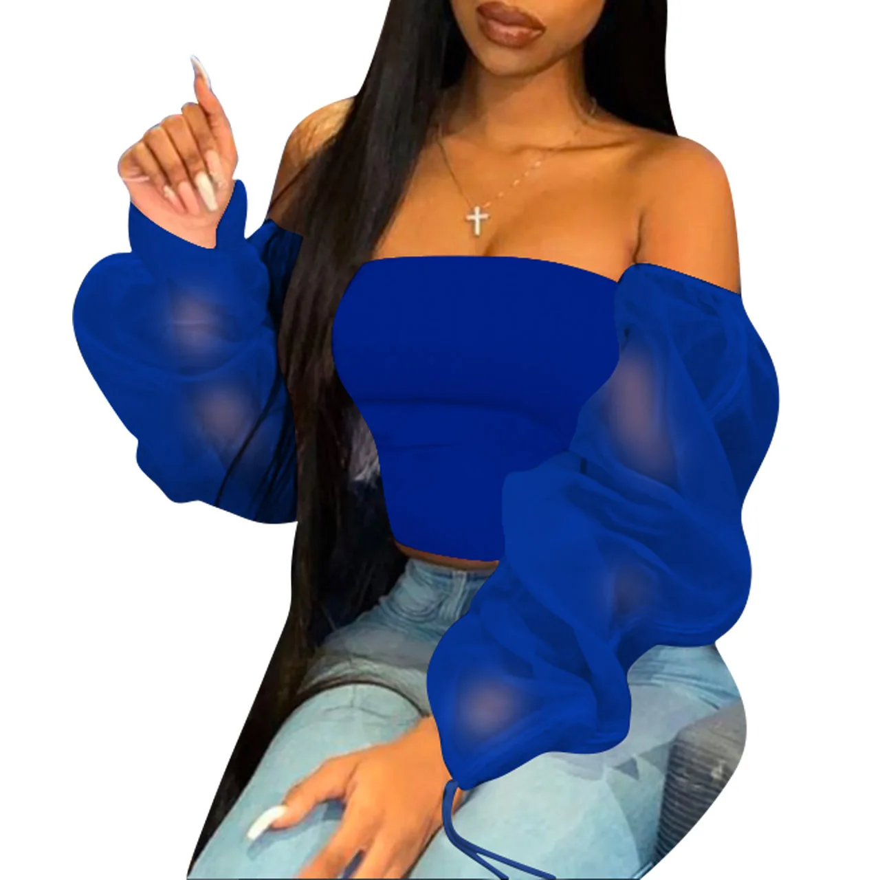 2022 Summer Streetwear T Shirt Solid Women Long Sleeves Fashion Sexy Strapless Top T-Shirt Sexy Women Mesh T Shirts