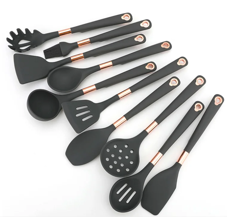 In stock European and North American fashion simple food grade silicone kitchen cooking scoop rose metal craft 10-piece set
