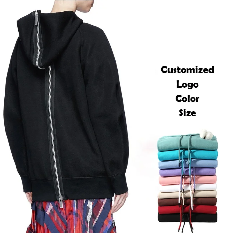 Высокое Качество Пользовательский логотип уличная одежда на молнии пуловер с капюшоном черный большой балахон для женщин оверсайз толстовка на молнии сзади