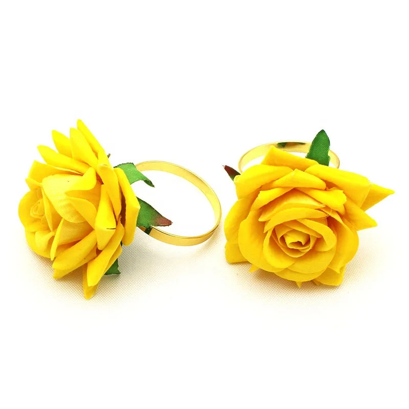 Newest Yellow Rose Flower Napkin Rings Gold Wedding Napkin Rings Holder Handmade Cloth Napkin Rings HWW01