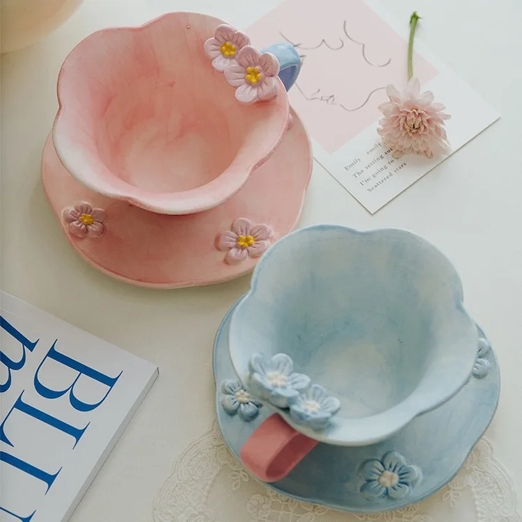 High face value simple Korean petal Coffee cup dish set matte hand-painted three-dimensional relief Mug wholesale