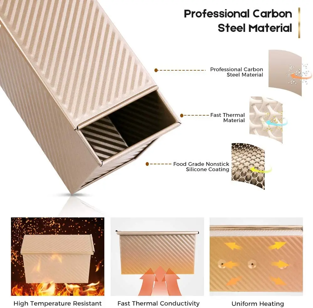 Gold Corrugated Toast Baking Oven Bread Non-Stick Bakeware 1 lb Dough Box Mold Carbon Steel Loaf Pan with Lid