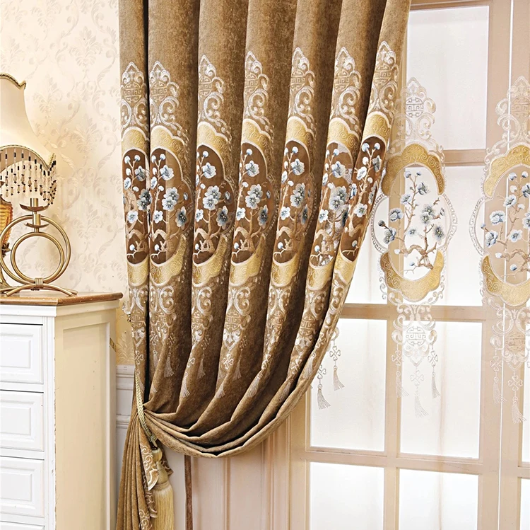wholesale high quality embroidery Fabric blackout Luxury Living Room Curtain with valance