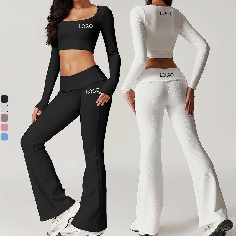 XW-TZ8828-1Wholesale New Yoga Two Piece Set Clothing Long Sleeve Cropped Top Breathable Bell Bottom Women Workout Set