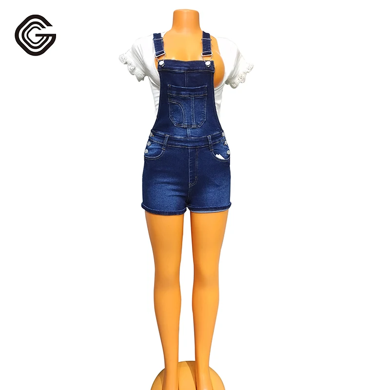 Custom Design Buttons Middle Waist Women Suspender Bib Pants Shorts Folding Leg Pockets Denim Overalls