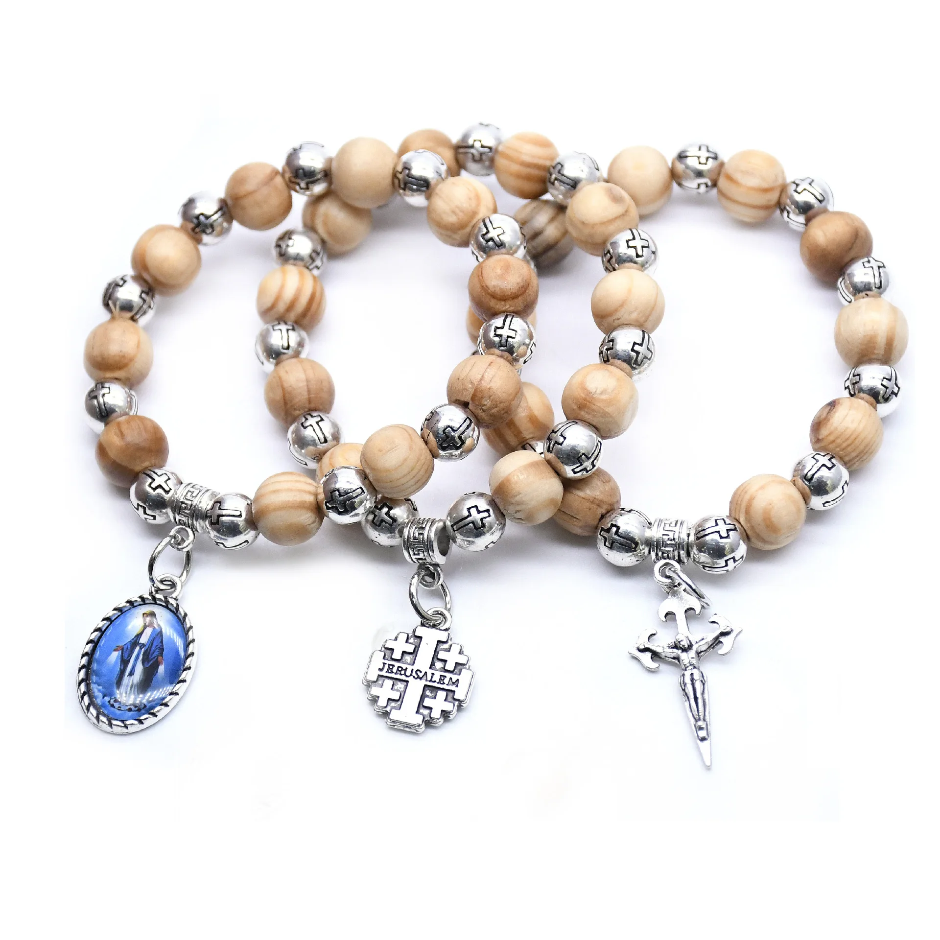 Religion Wedding Pray First Communion Pine Wood Beads Cross Virgin Christ Cross Rosary Bracelet Religious