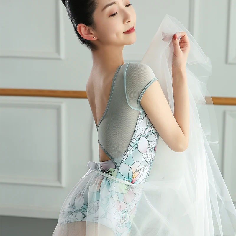 Geometric Pattern Printing Cap Sleeve Adult Rhythmic Gymnastic Leotards Girls