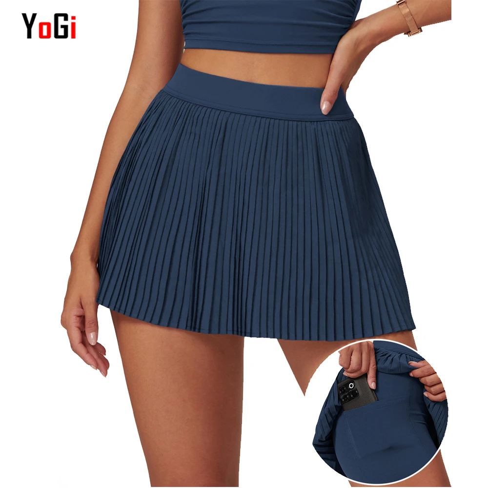 Wholesale Women Red Navy Blue Brown Sportswear Athletic Pleated Tennis  Gelt Loops Pockets Pattern Golf Skirt Dress  With Shorts