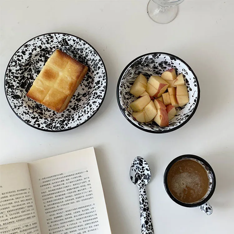 Cutelife Nordic Vintage Black Splash Enamel Marble Design Dinnerware Set Home Decor Dishes Plates Mug Bowls Porcelain Dinner Set