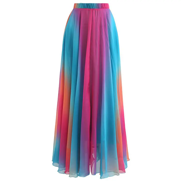 high quality trendy vacation rainbow casual wear colorful beach skirts mujer fashion tie dye chiffon gossamer maxi skirt