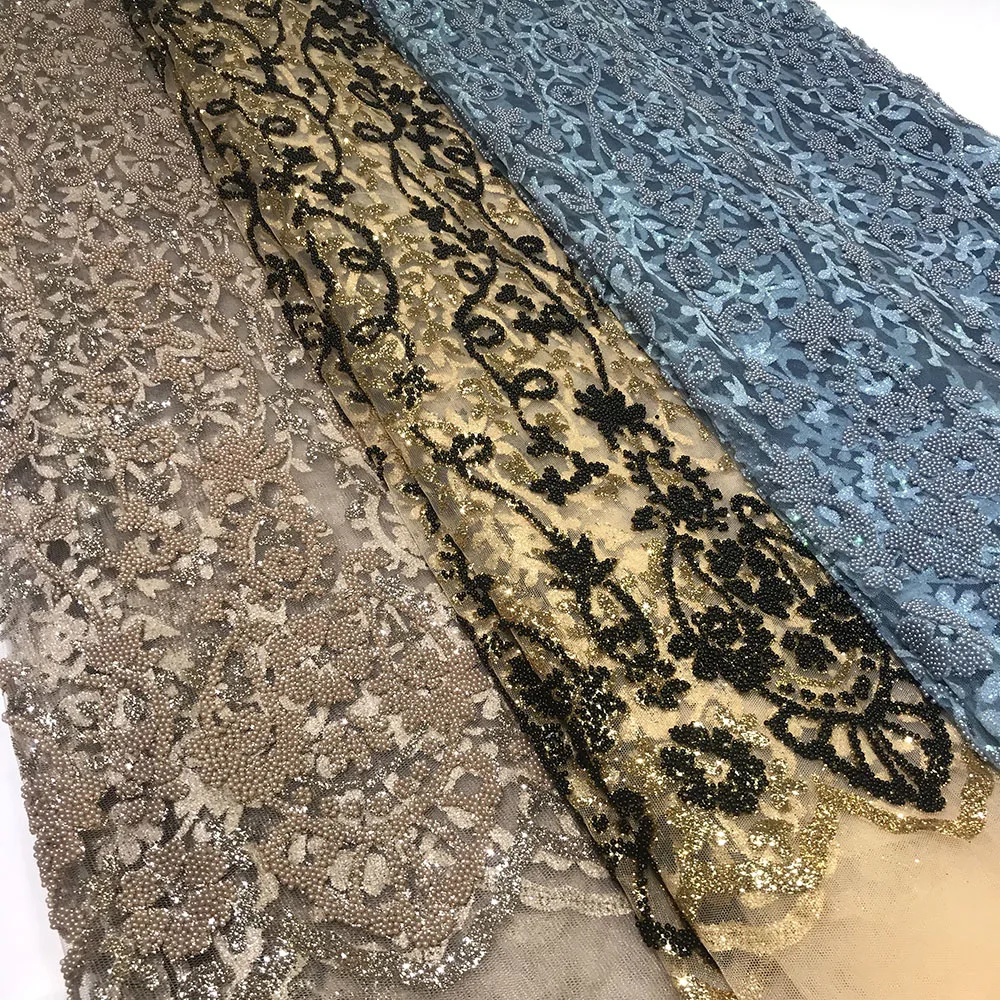 Navy Blue African Luxury Design Glued Beads Floral Lace Fabrics Shining Glitter Sequined Tulle Mesh for Sewing Women Party Dress