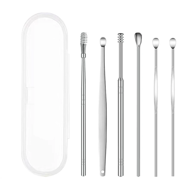 Stainless Steel Earwax Removal Kit with Storage Leather Bag Portable Spring Ear Spoon Picking Cleaner Tool Ear Care 6PCS Set