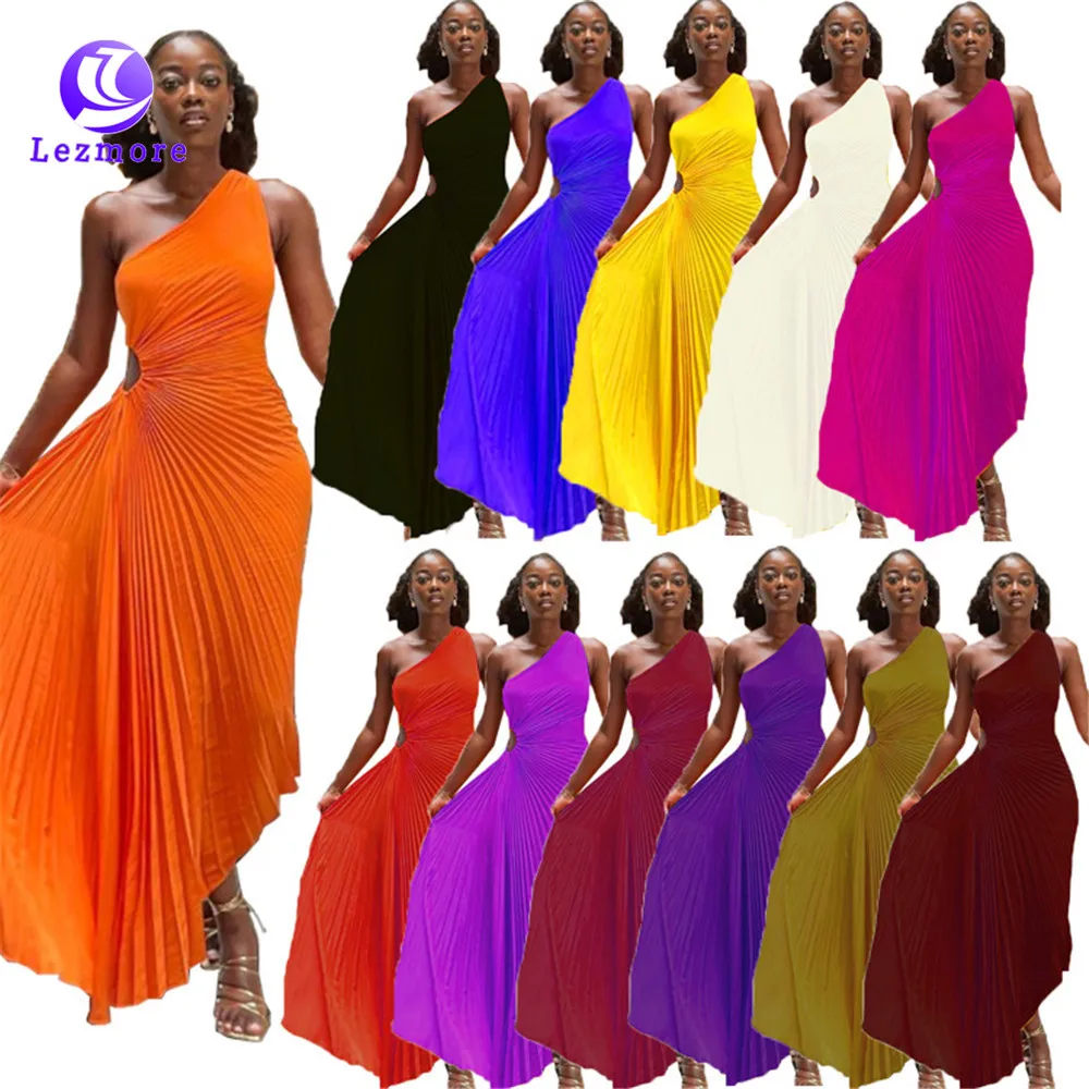 Hot Selling Slim One Shoulder Hollow Out Pleated Maxi Dress Summer Women Casual Irregularity Hem Elegant Dress