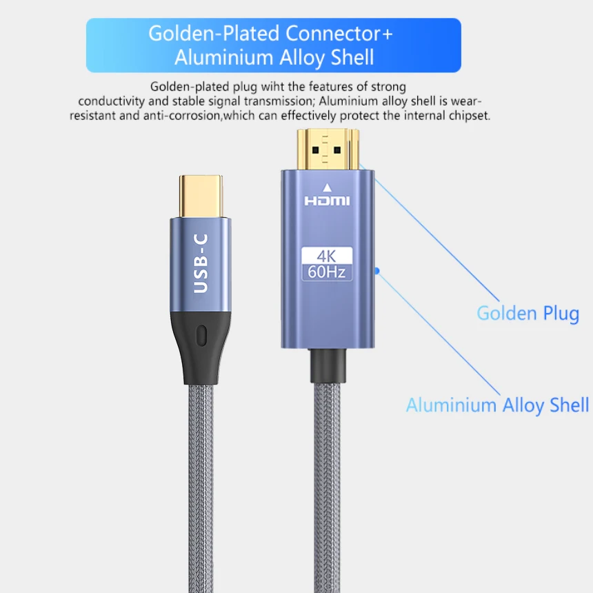 Premium Quality 4K 60HZ USB C to HDMI Cable Gold-plated Type C 3.1 to HDMI Converter Adaptor for Laptop 1M 2M 3M Nylon Braided