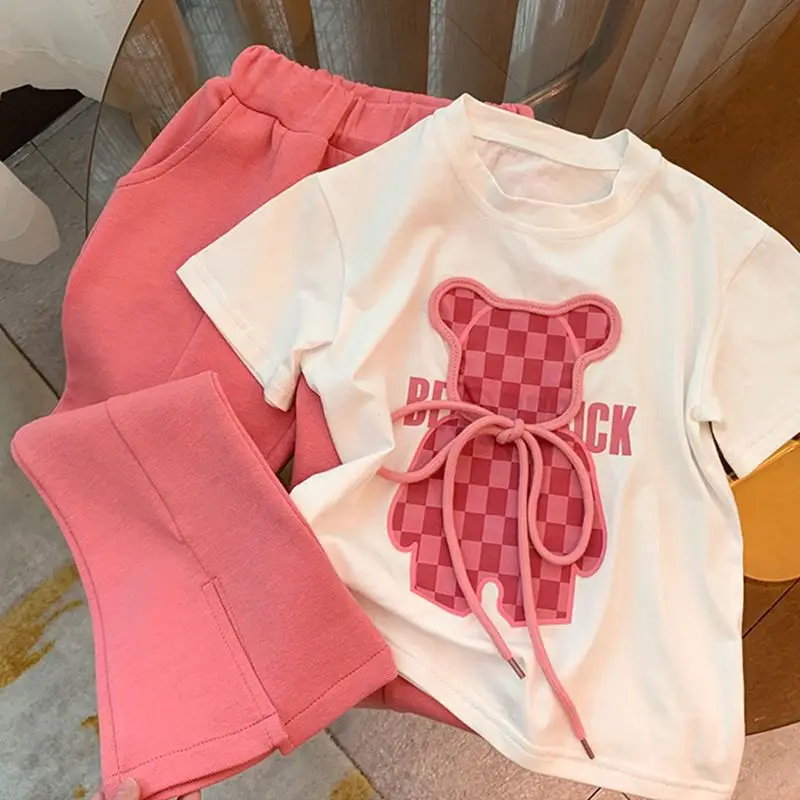 2023 Summer Kids Outfits Short Sleeve Plaid Cartoon Bear Print T Shirt Flared Slit Pants Two Piece Tracksuit Girls Clothing Sets