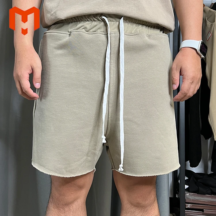 Custom Heavyweight Cotton Men Summer Short Raw Hem Shorts Sports Drawstring Shorts