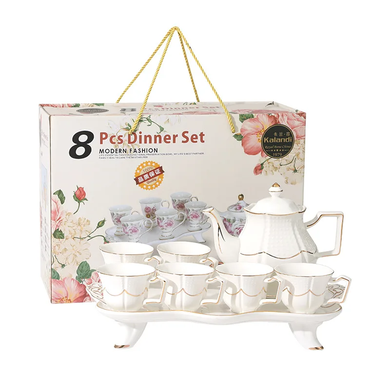 Nordic 8pcs light luxury coffee set with tray English teapot kettle low bone china ceramic cup gift box dinner set