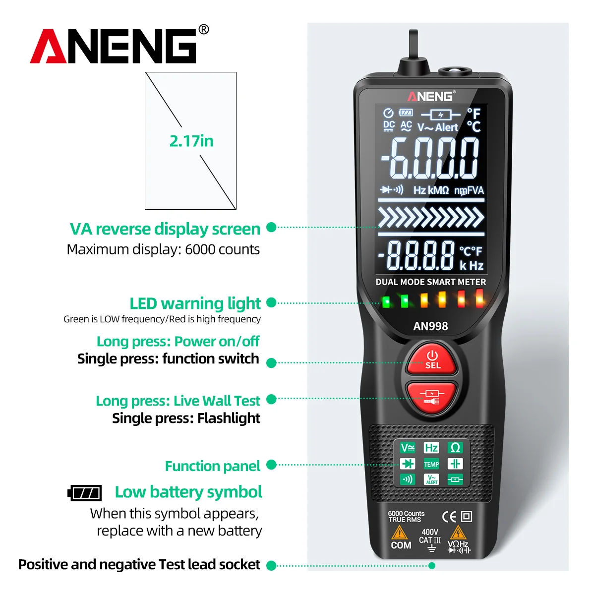 ANENG AN998 Digital 6000 Count Professional Multimeter Electronic Auto Range AC/DC Voltmeter Temperature Ohm Hertz Detector Tool