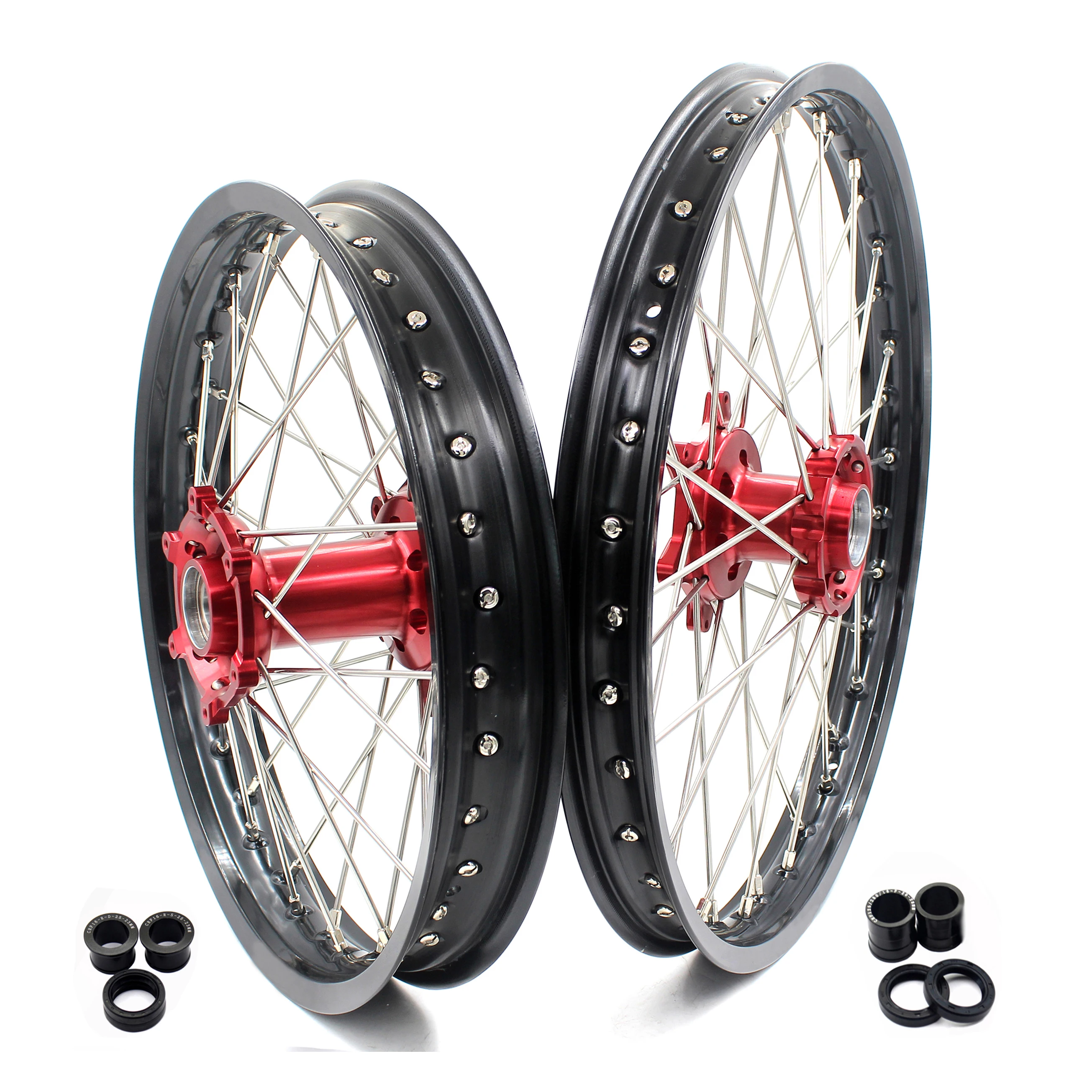 KKE 21/18 Enduro Spoked Off road Motorcycle Dirt Bike Wheels Rims Set Fit BETA RR 2013-2022 Alloy Anodized Red Hub Black Rim