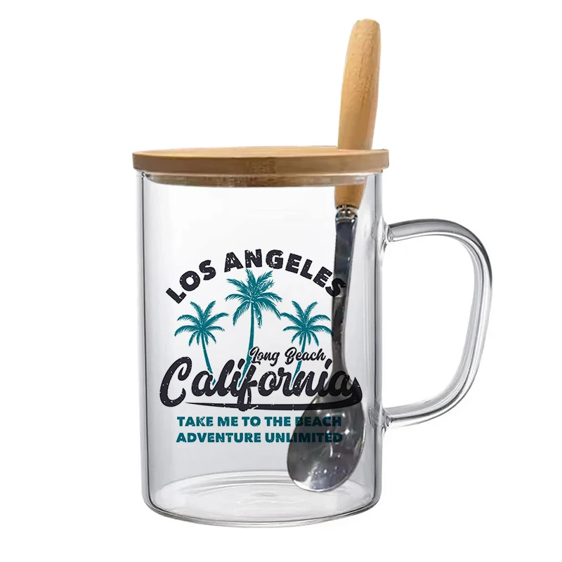 16oz Sublimation Glass Cup with Handle Blank Transparent Glass Mug with Bamboo Lid and Spoon Coffee Milk Juice Tea Cup