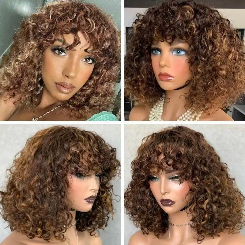 Glueless Brazilian Short Bob Wig With Bangs, Bang Luxury Curly Wig, Cheap Curly Human Hair Bang Wig Non Lace Human Hair Wigs