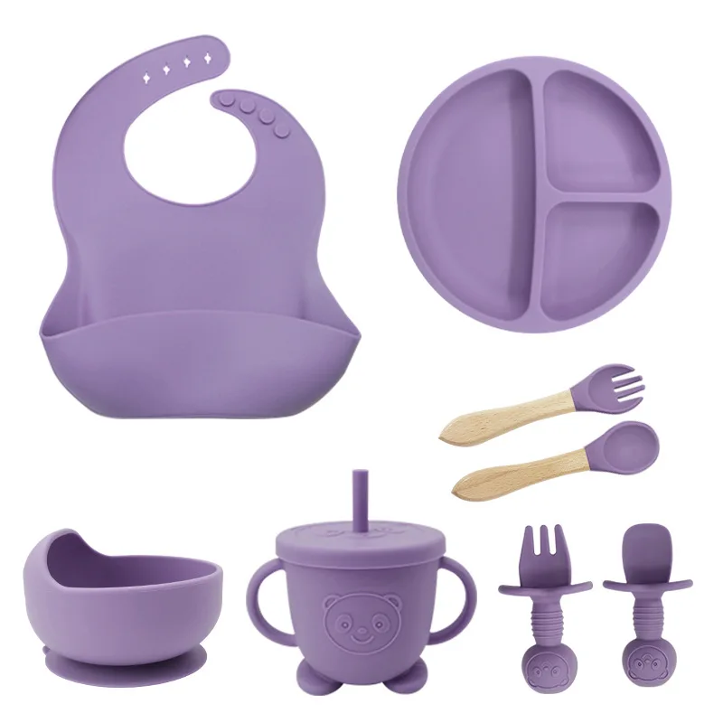 Wholesale Custom Bpa Free Kid Other Tableware Silicone Bowl Suction Snacks Cup Straw Plate Bibs Products Baby Feeding Set
